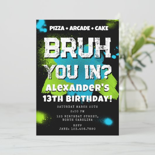 Bruh Boy's Birthday Party Teenager Teen Boy Neon Kaart (Staand voorkant)