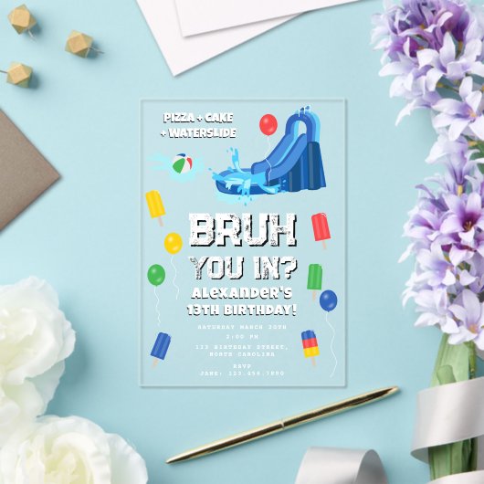 Bruh Boy's Birthday Party Teenager Waterslide Acryl Uitnodigingen (Insitu (Huwelijk))