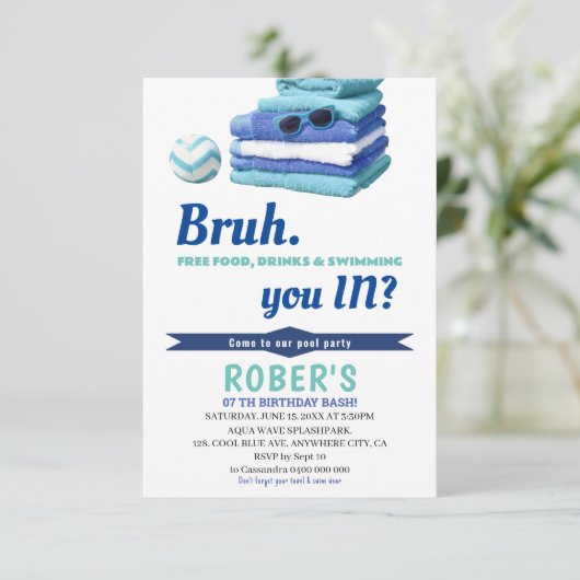 BRUH Boys Blauw Zwembad Party Verjaardag uitnodigi Bedankkaart (Staand voorkant)