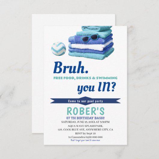 BRUH Boys Blauw Zwembad Party Verjaardag uitnodigi Bedankkaart (Voorkant / Achterkant)