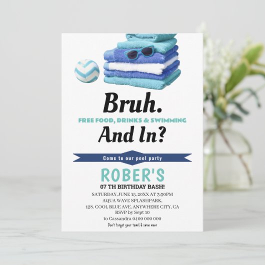 BRUH Boys Blauw Zwembad Party Verjaardag uitnodigi Kaart (Staand voorkant)