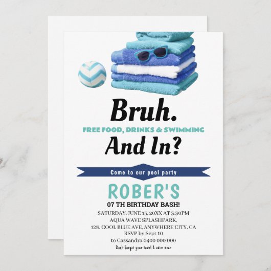 BRUH Boys Blauw Zwembad Party Verjaardag uitnodigi Kaart (Voorkant / Achterkant)