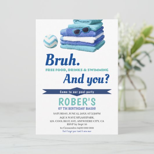 BRUH Boys Blauw Zwembad Party Verjaardag uitnodigi Kaart (Staand voorkant)