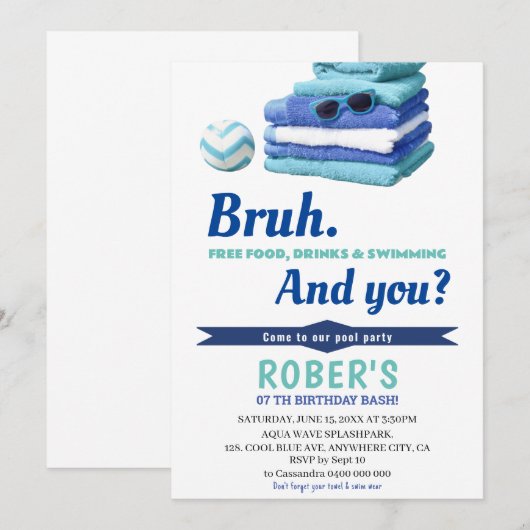 BRUH Boys Blauw Zwembad Party Verjaardag uitnodigi Kaart (Voorkant / Achterkant)