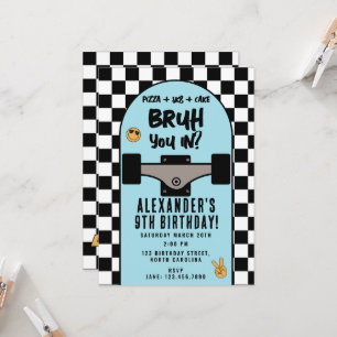 Bruh Boy's Skateboard Verjaardagsfeest met Ruitjes Kaart