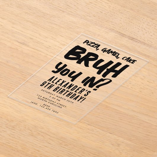 Bruh Boy's Tiener Verjaardagsfeest Tiener Boy Acryl Uitnodigingen (Laagn)