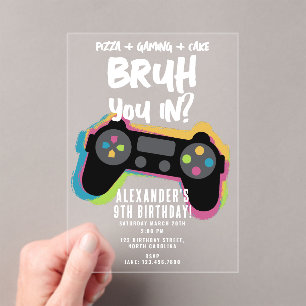 Bruh Boy's Verjaardag Neon Gaming Tiener Gamer Acryl Uitnodigingen