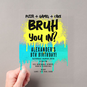Bruh Boy's Verjaardag Neon Graffiti Geel Teal Acryl Uitnodigingen