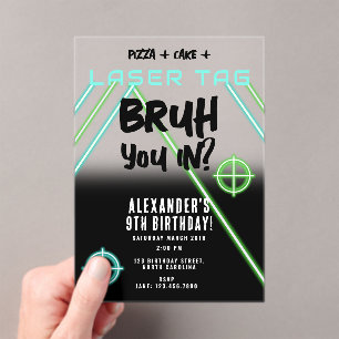 Bruh Boy's Verjaardag Neon Laser Tag Acryl Uitnodigingen
