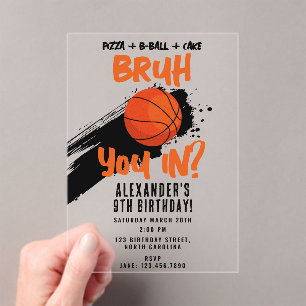 Bruh Boy's Verjaardag Tiener Sport Basketbal Wedst Acryl Uitnodigingen