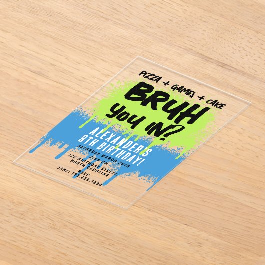 Bruh Boy's Verjaardagsfeest Neon Graffiti Groen Bl Acryl Uitnodigingen (Laagn)
