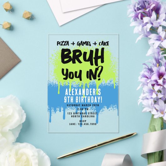 Bruh Boy's Verjaardagsfeest Neon Graffiti Groen Bl Acryl Uitnodigingen (Insitu (Huwelijk))