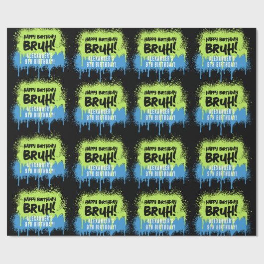Bruh Boy's Verjaardagsfeest Neon Graffiti Groen Bl Cadeaupapier (Vlak)