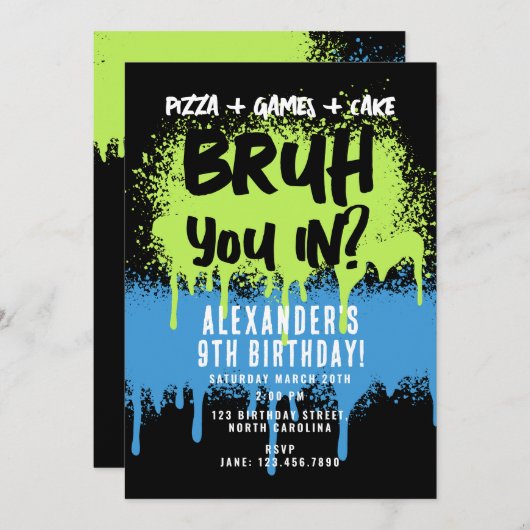 Bruh Boy's Verjaardagsfeest Neon Graffiti Groen Bl Kaart (Voorkant / Achterkant)