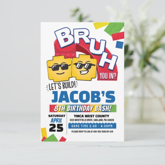 Bruh Building Block Birthday Invitation Kaart (Staand voorkant)