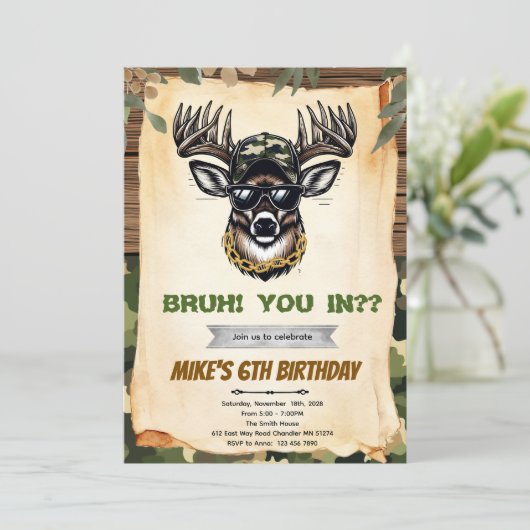 Bruh camo deer hunting party invitation kaart (Staand voorkant)