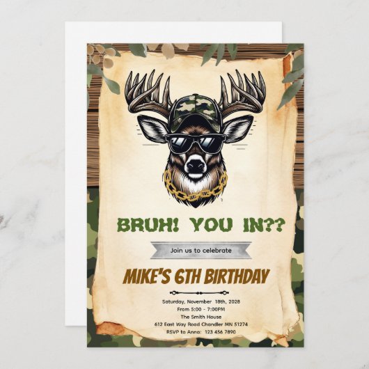 Bruh camo deer hunting party invitation kaart (Voorkant / Achterkant)