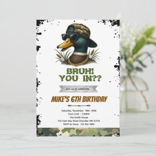 Bruh duck hunting birthday invitation kaart (Staand voorkant)