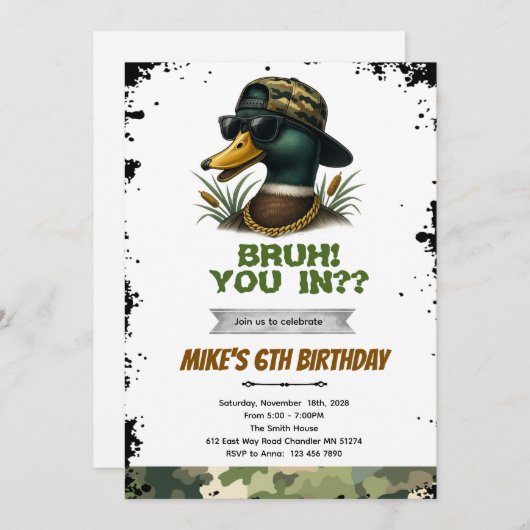 Bruh duck hunting birthday invitation kaart (Voorkant / Achterkant)