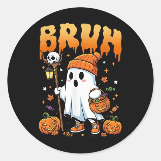 Bruh Ghost Halloween Schattigee Ghost Trick or tre Ronde Sticker (Voorkant)