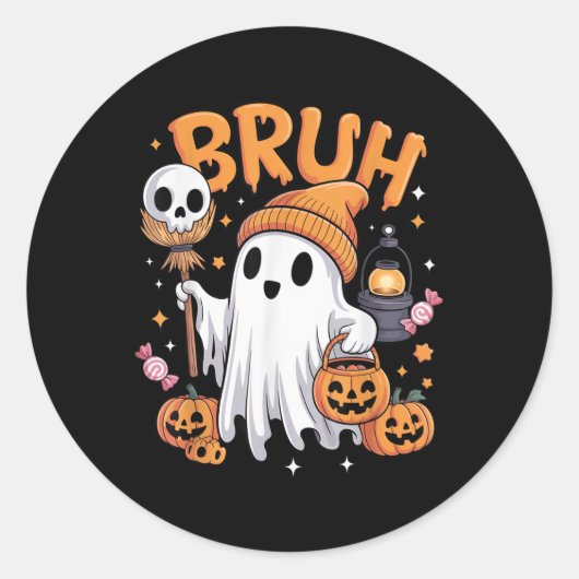 Bruh Ghost Halloween Schattigee Ghost Trick or tre Ronde Sticker (Voorkant)