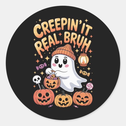 Bruh Ghost Halloween Schattigee Ghost Trick or tre Ronde Sticker (Voorkant)