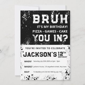 BRUH Grunge Paint Splatter Boy Birthday Invitation Kaart