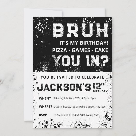 BRUH Grunge Paint Splatter Boy Birthday Invitation Kaart (Voorkant)