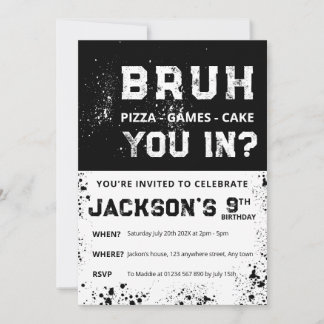 BRUH Grunge Paint Splatter Boy Birthday Invitation Kaart