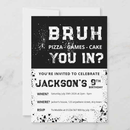 BRUH Grunge Paint Splatter Boy Birthday Invitation Kaart (Voorkant)