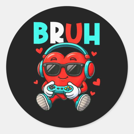 Bruh Hart Gamer Video Gaming Controller Valentijn Ronde Sticker (Voorkant)
