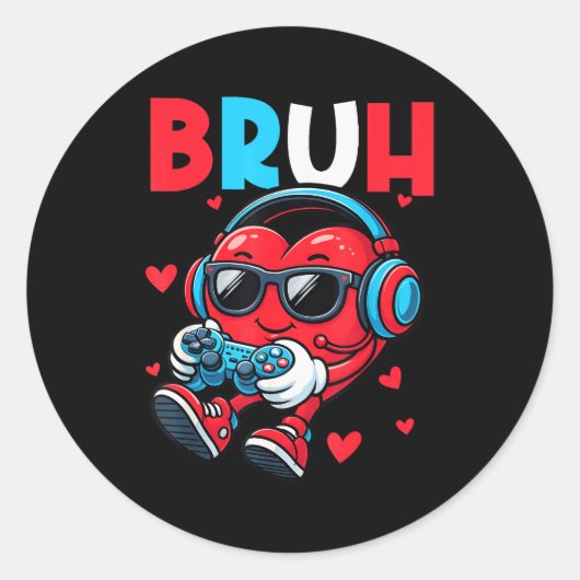 Bruh Hart Gamer Video Gaming Controller Valentijn Ronde Sticker (Voorkant)
