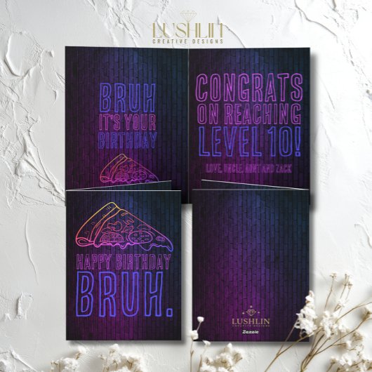 Bruh Het is je verjaardag Neon Pizza Party Kaart