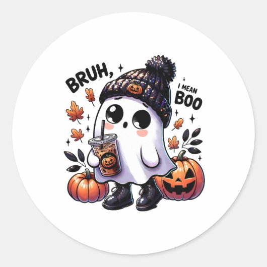 Bruh, ik bedoel Boo Funny Ghost Jack O Lantern Cof Ronde Sticker (Voorkant)