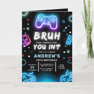 BRUH JE IN? Neon Verjaardagsuitnodiging voor Gamer