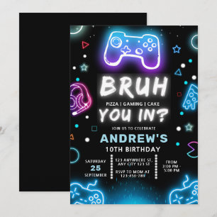 BRUH JE IN? Neon Verjaardagsuitnodiging voor Gamer Kaart