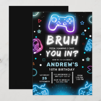 BRUH JE IN? Neon Verjaardagsuitnodiging voor Gamer Kaart