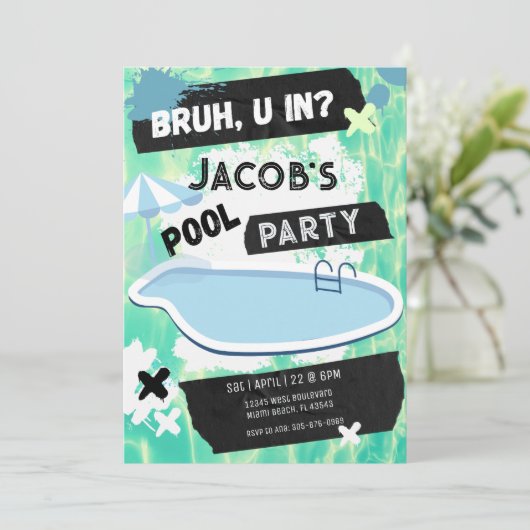 Bruh je in Pool Party Tiener Jongen Verjaardag Kaart (Staand voorkant)