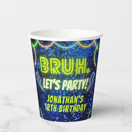 Bruh Let's Party Neon Glow Blauw Groene Verjaardag Papieren Bekers (Voorkant)