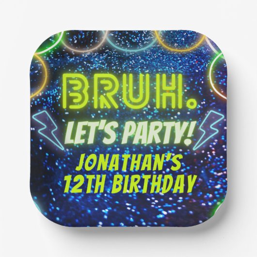Bruh Let's Party Neon Glow Blauw Groene Verjaardag Papieren Bordje (Voorkant)