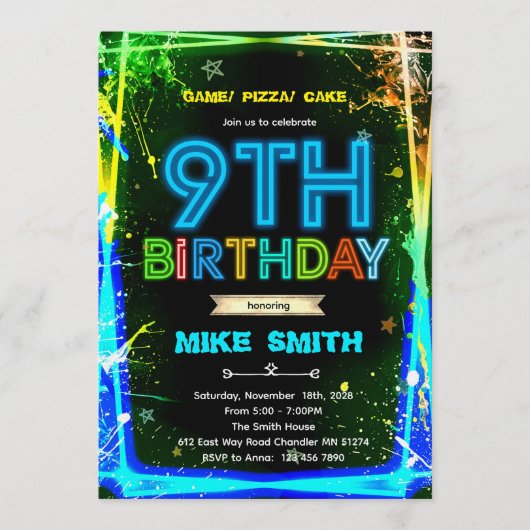 Bruh neon 9 birthday invitation kaart (Voorkant)