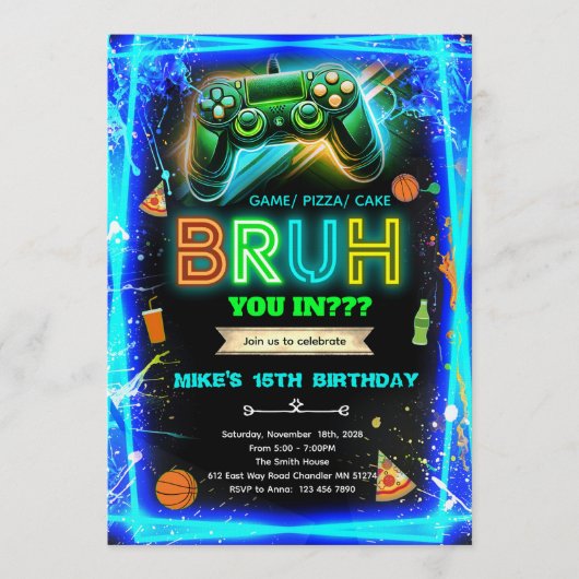 Bruh neon birthday invitation kaart (Voorkant)