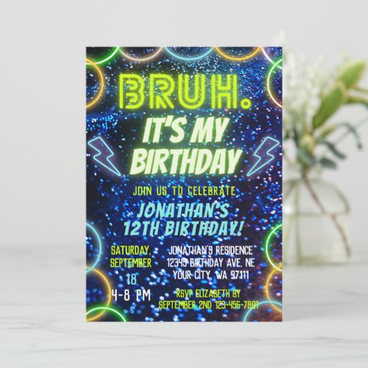 Bruh Neon Glow Blauw Groen Grappig Jongen Verjaard Kaart (Staand voorkant)