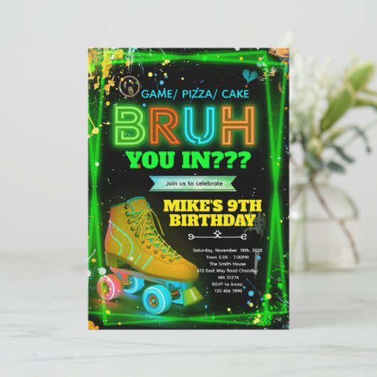 Bruh neon roller skate invitation  kaart (Staand voorkant)