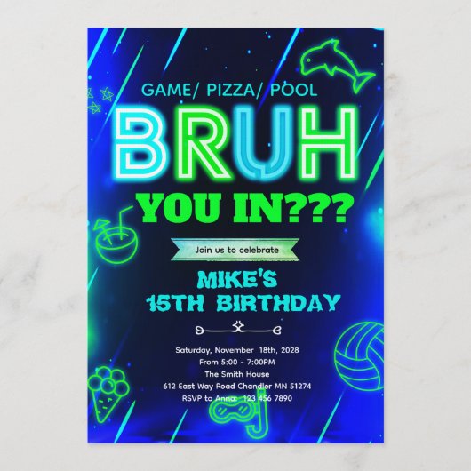 Bruh Neon zwembad verjaardagsuitnodiging Kaart (Voorkant)