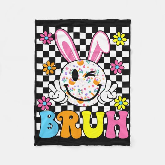 Bruh Paasdag Funny Bunny Eggs Groovy Smile Face Fleece Deken (Voorkant)