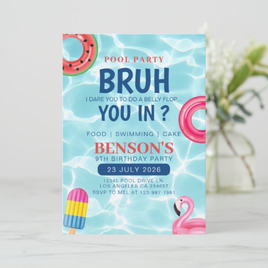 Bruh Pool Party Jongen Verjaardag Kaart (Staand voorkant)