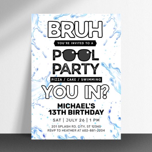 Bruh Pool Party Uitnodiging voor verjaardag