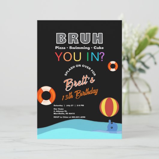 Bruh Pool Party Uitnodiging voor verjaardag (Staand voorkant)