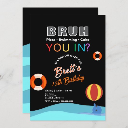 Bruh Pool Party Uitnodiging voor verjaardag (Voorkant / Achterkant)
